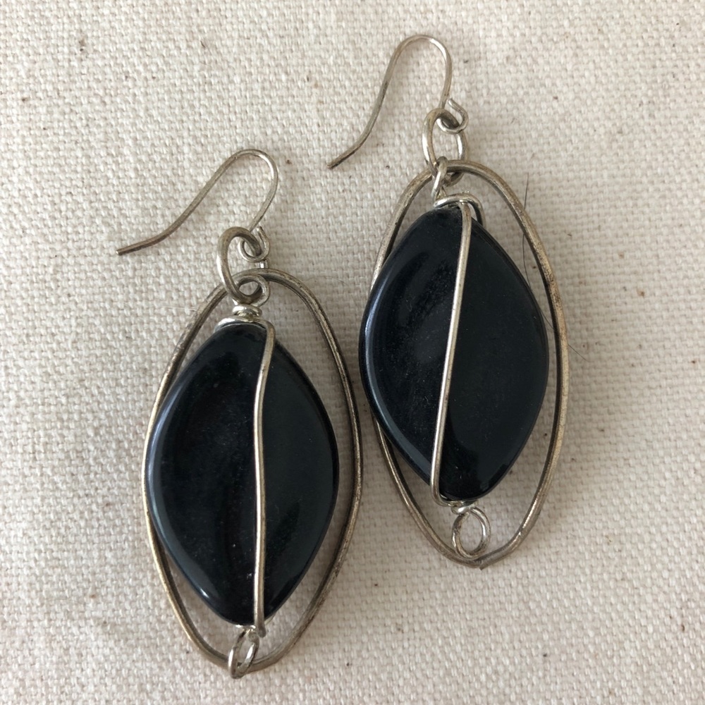 black stone & silver earrings